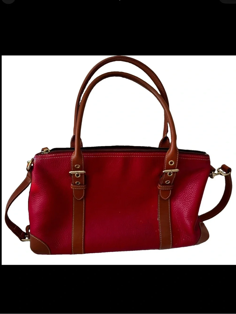 Dooney Bourke Vtg Large Domed Red Leather Satchel/Handbag w/Leather Trim & Strap